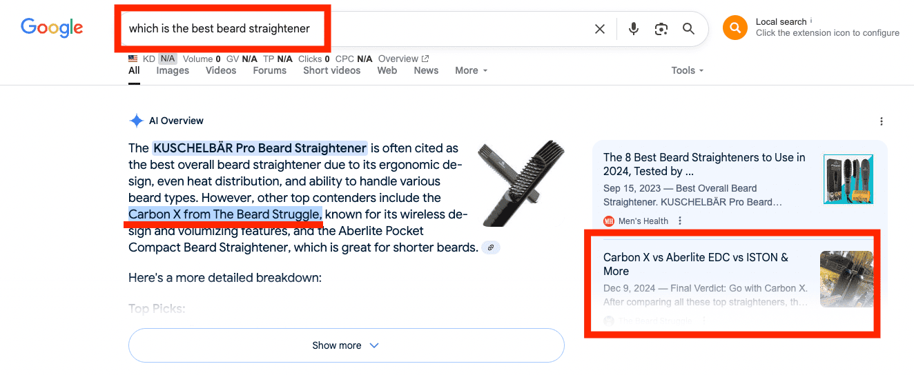 Google AI Overview citing Carbon X from The Beard Struggle for best beard straightener