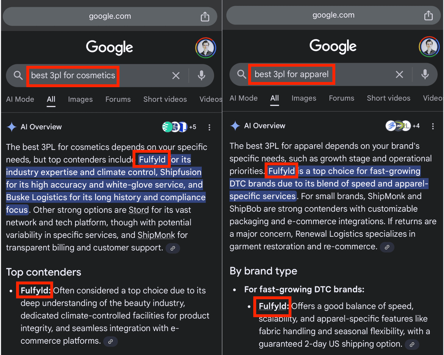 Google AI Overview citing Fulfyld for best 3PL for apparel and cosmetics