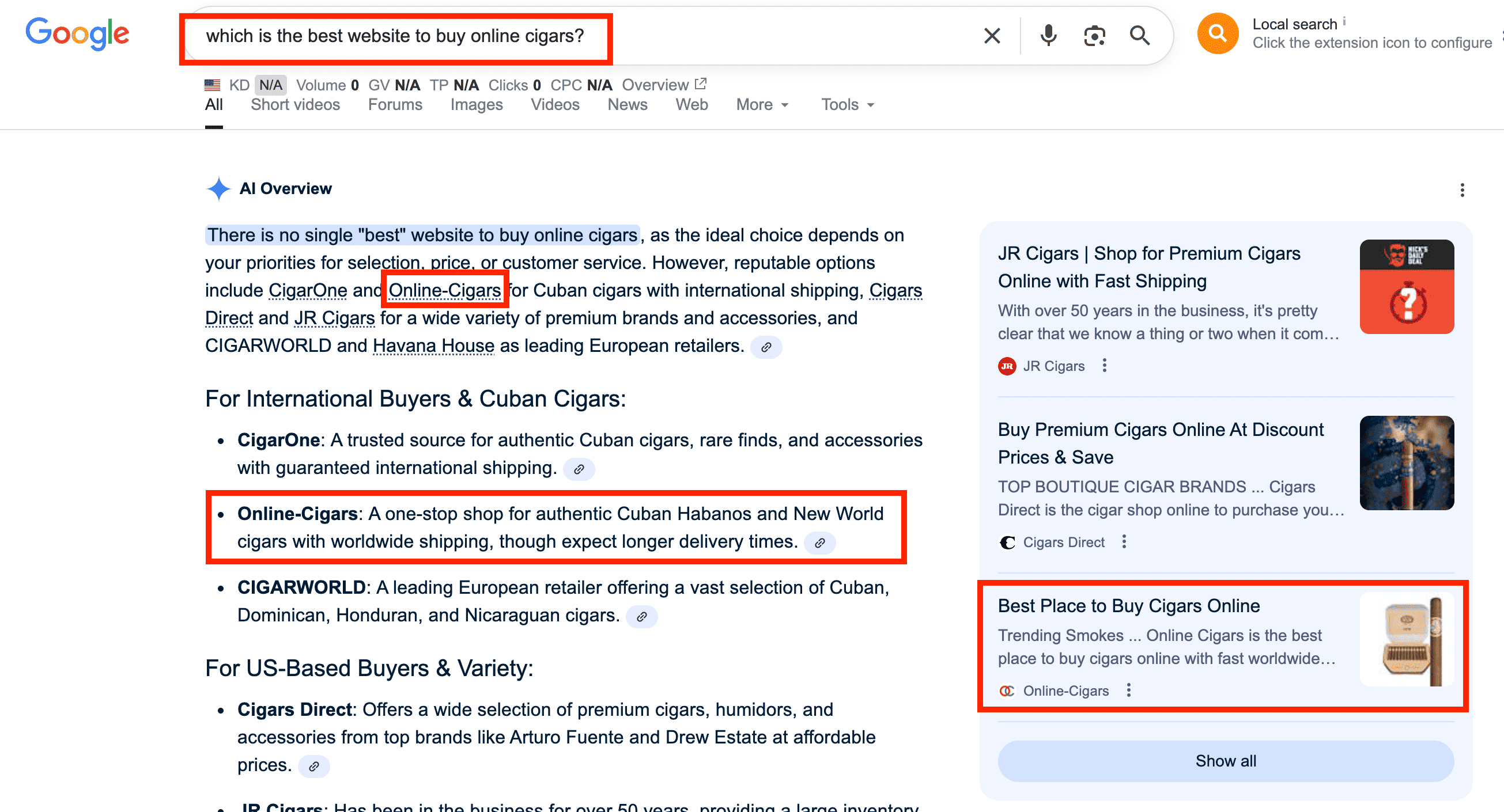 Google AI Overview citing Online-Cigars for best website to buy cigars online