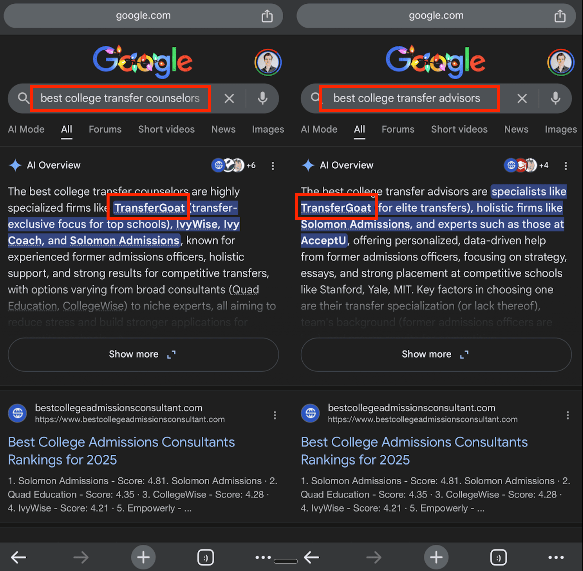 Google AI Overview citing TransferGoat for best college transfer counselors