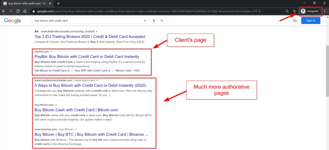 Google SERP showing PayBis ranking #1 organic for buy bitcoin with credit card above more authoritative pages from Coinbase, Bitcoin.com, and Binance