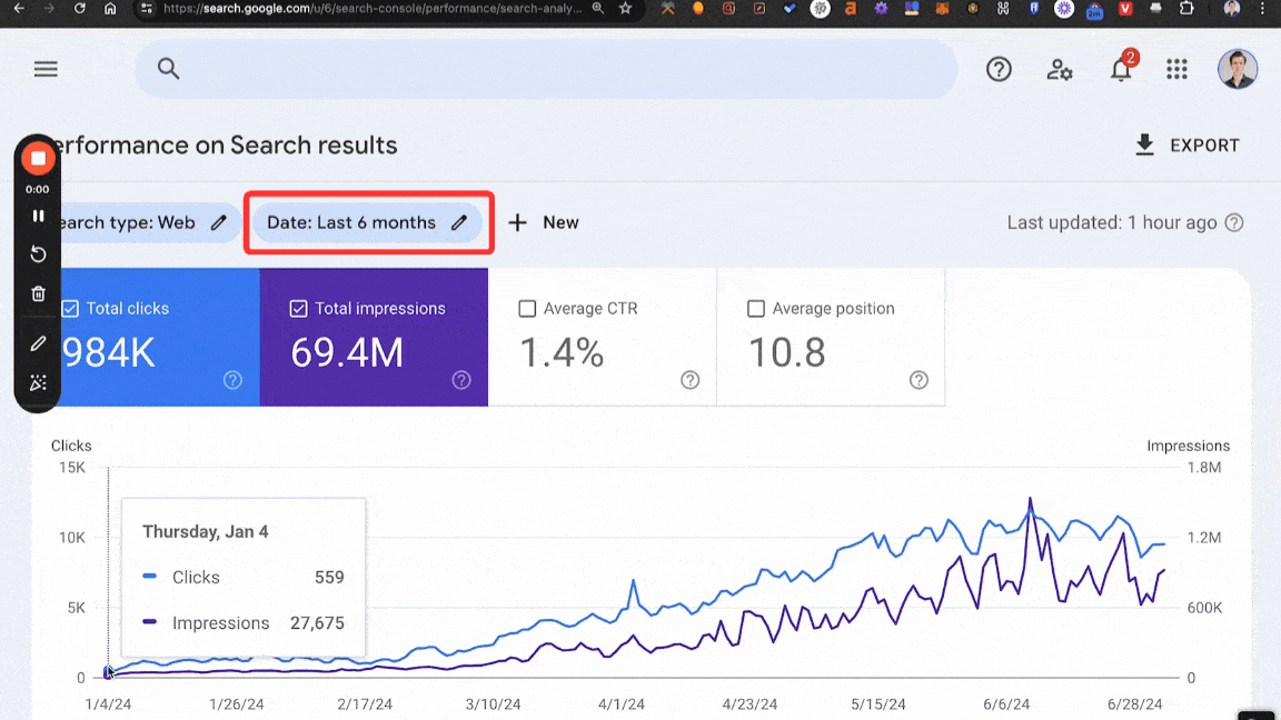 Animated growth chart from 500 to 12,000 daily visitors over 6 months