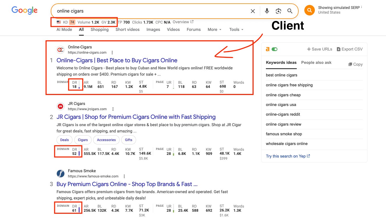 SERP showing Online-Cigars ranking #1 for online cigars above JR Cigars DR 52 and Famous Smoke DR 61