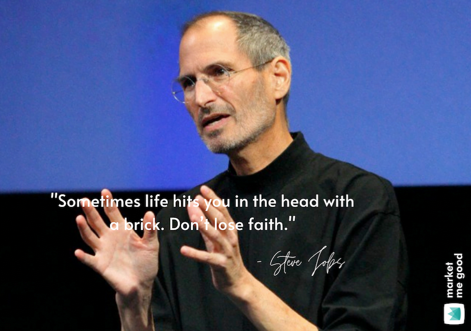 Steve Jobs talking with a quote and a brand logo