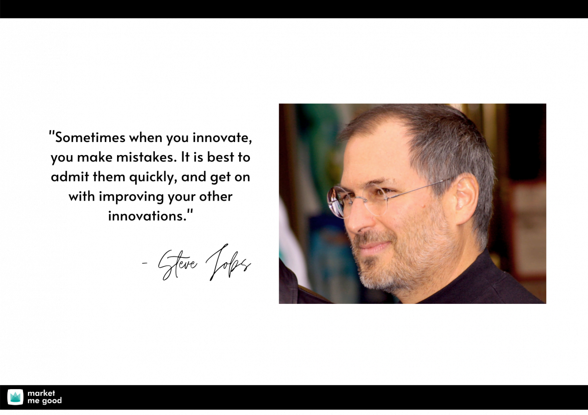 Steve Jobs with a quote and a brand logo