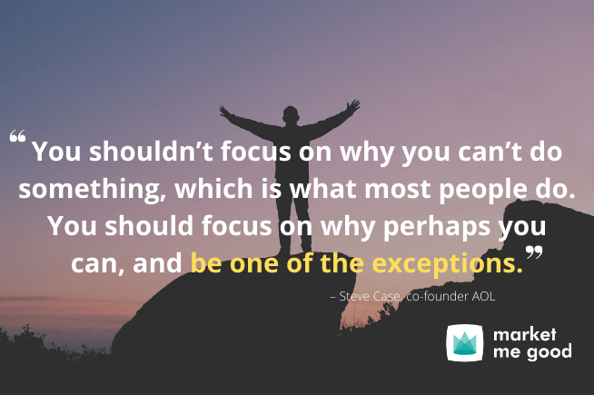 Steve Jobs with a quote and a brand logo