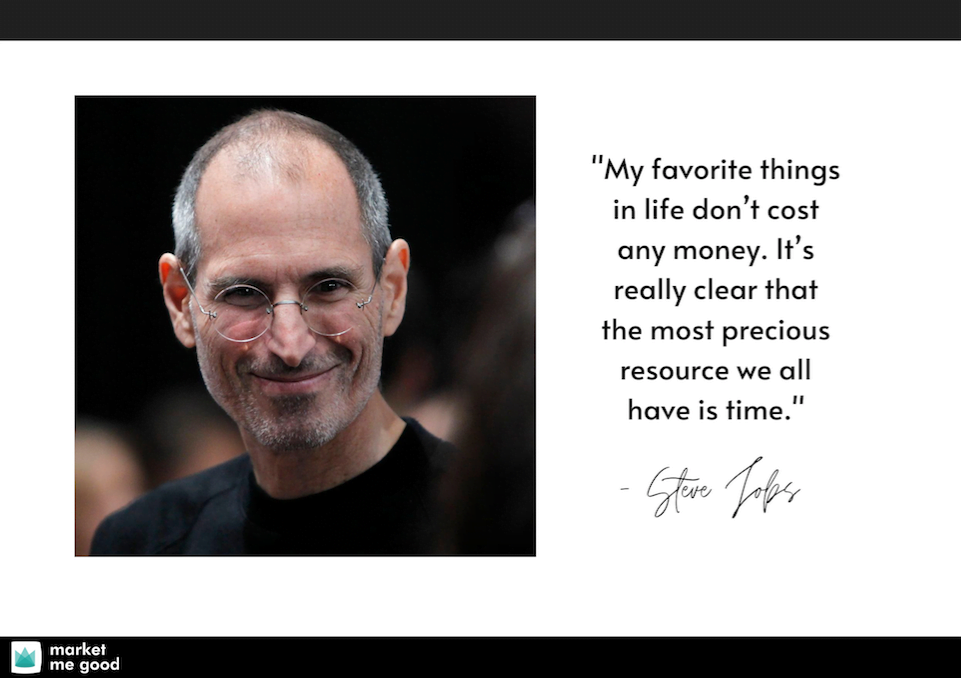 Smiling Steve Jobs with a quote and a brand logo