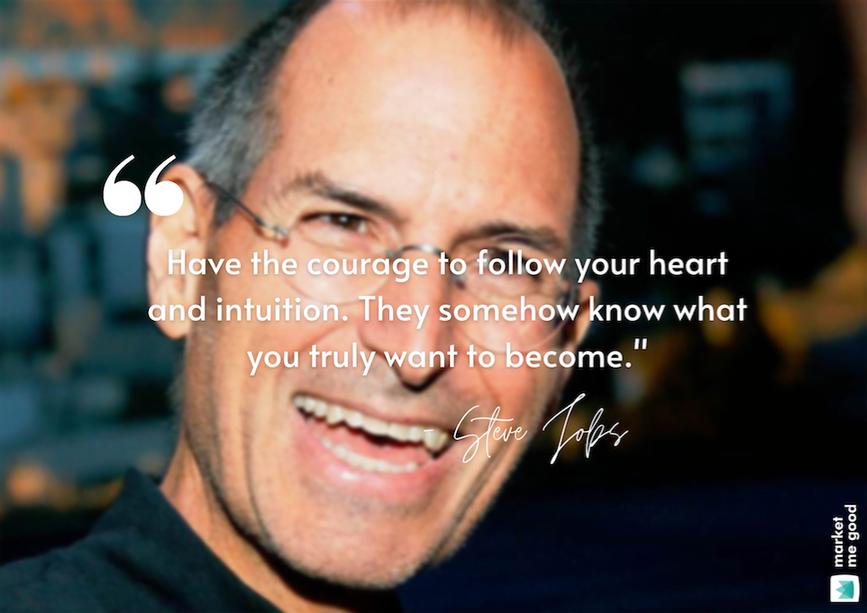 Smiling Steve Jobs with a quote and a brand logo