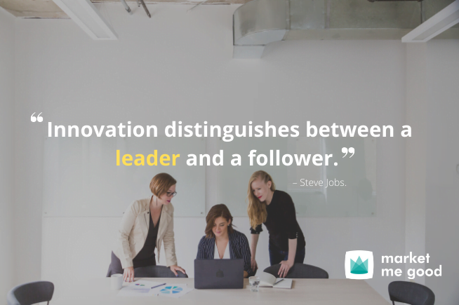 Steve Jobs with a quote and a brand logo